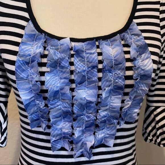 Anthropologie Little Yellow Button Striped Mixed Media Top S Plaid Puff Sleeve - Picture 7 of 8